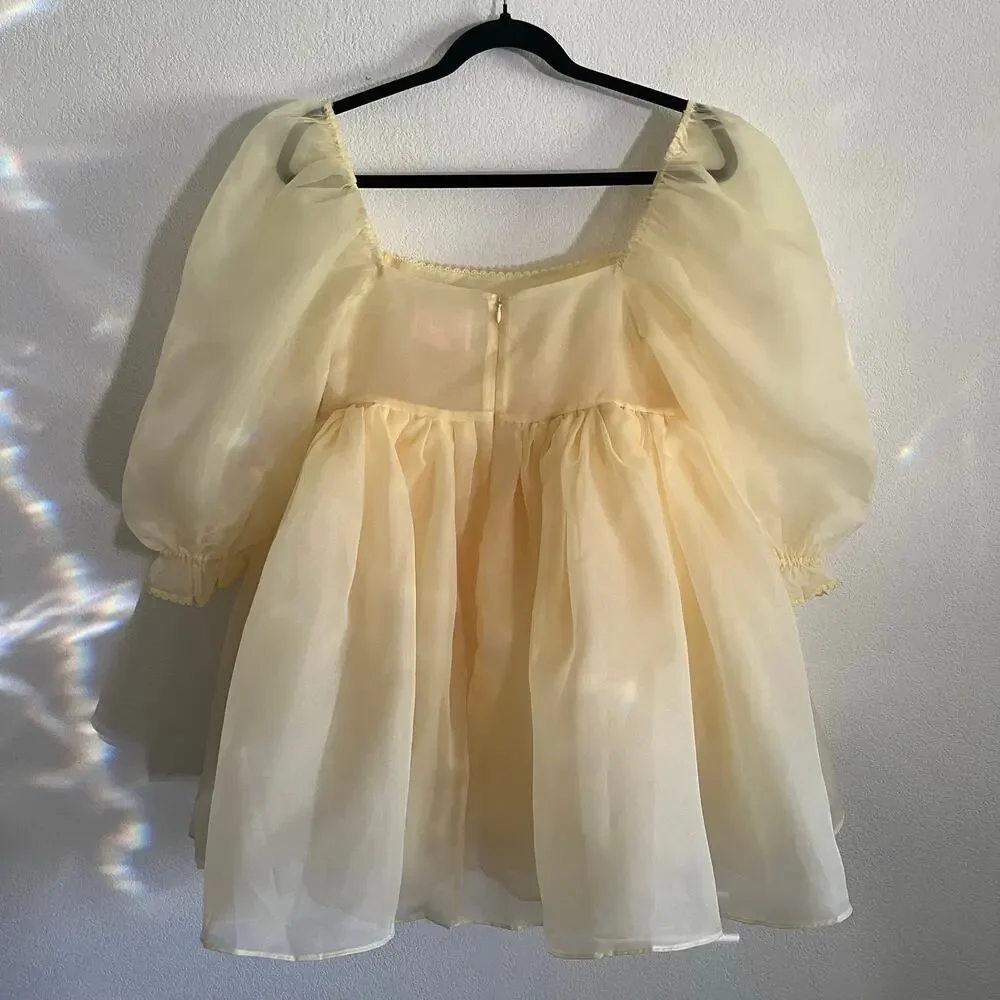 Selkie Baby Banana Puff Sleeve Layered Organza Mini Dress NWT